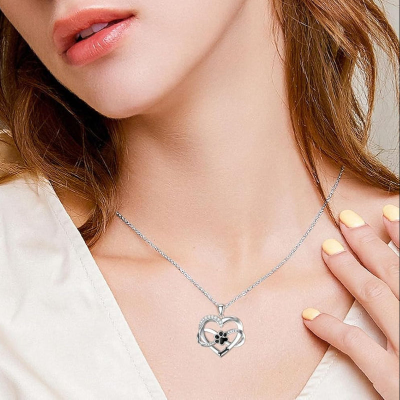 Infinity Heart & Paw Necklace in 925 Sterling Silver With Zirconia