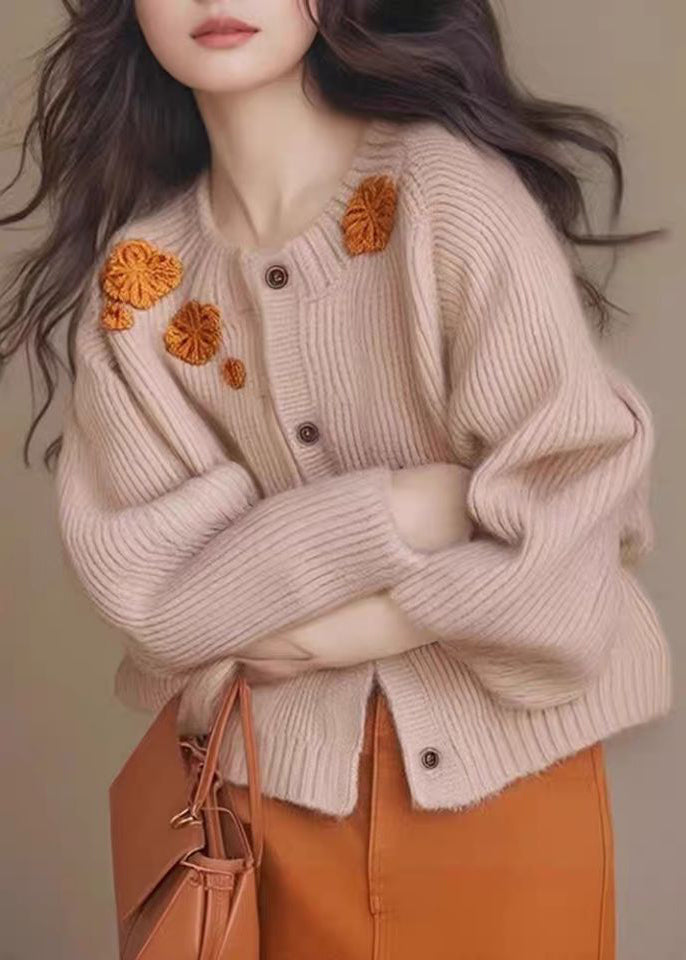 French Yellow Decorated Thick Knit Cardigan Winter