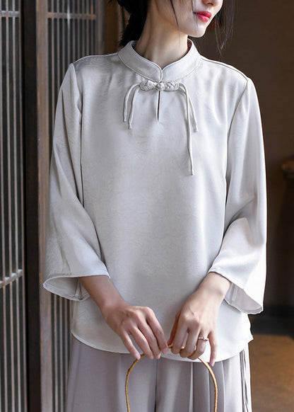 Loose White Stand Collar Tassel Silk Top Spring