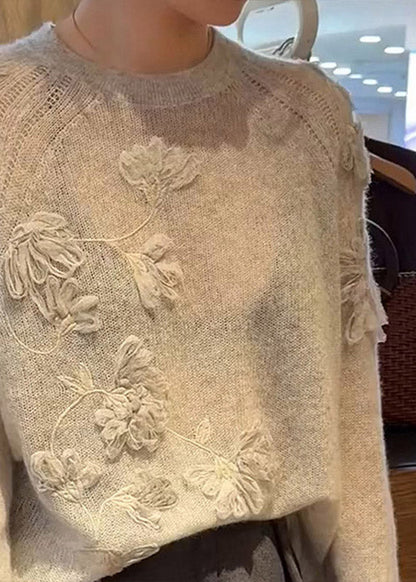 Fine Beige Embroidered Cotton Knit Sweaters Spring