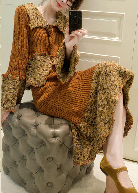 French Peter Pan Collar Print Patchwork Cotton Knit Cardigans and Maxi Skirts Two Pieces Set Fall