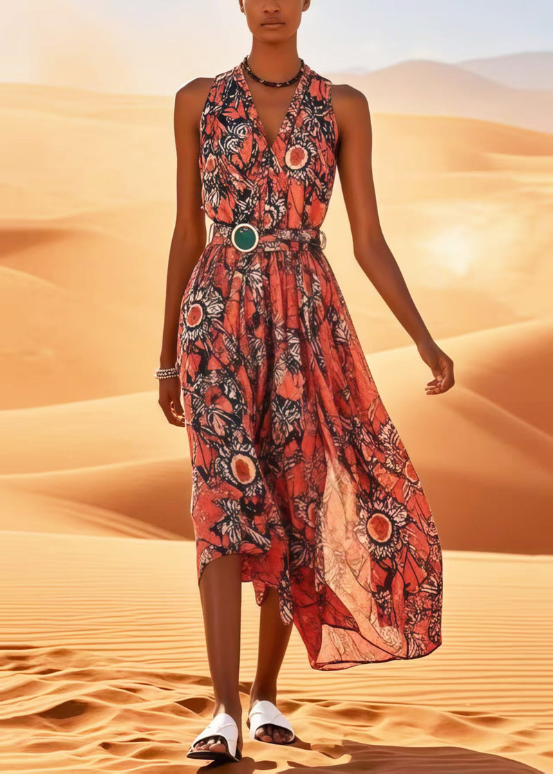 Red Print Cotton Tunic Dress Sleeveless