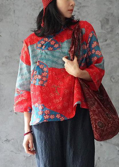 Red Stand Collar Print Linen Shirt Bracelet Sleeve