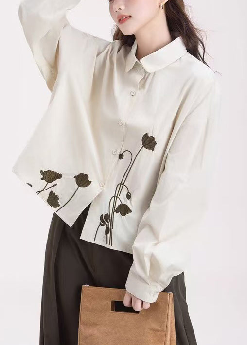 Organic Apricot Embroidered Cotton Shirt Tops Spring