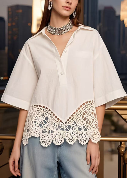 White Hollow Out Patchwork Cotton Tops Summer