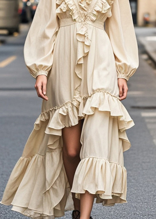 Champagne Color Ruffled Side Open Party Dress Fall