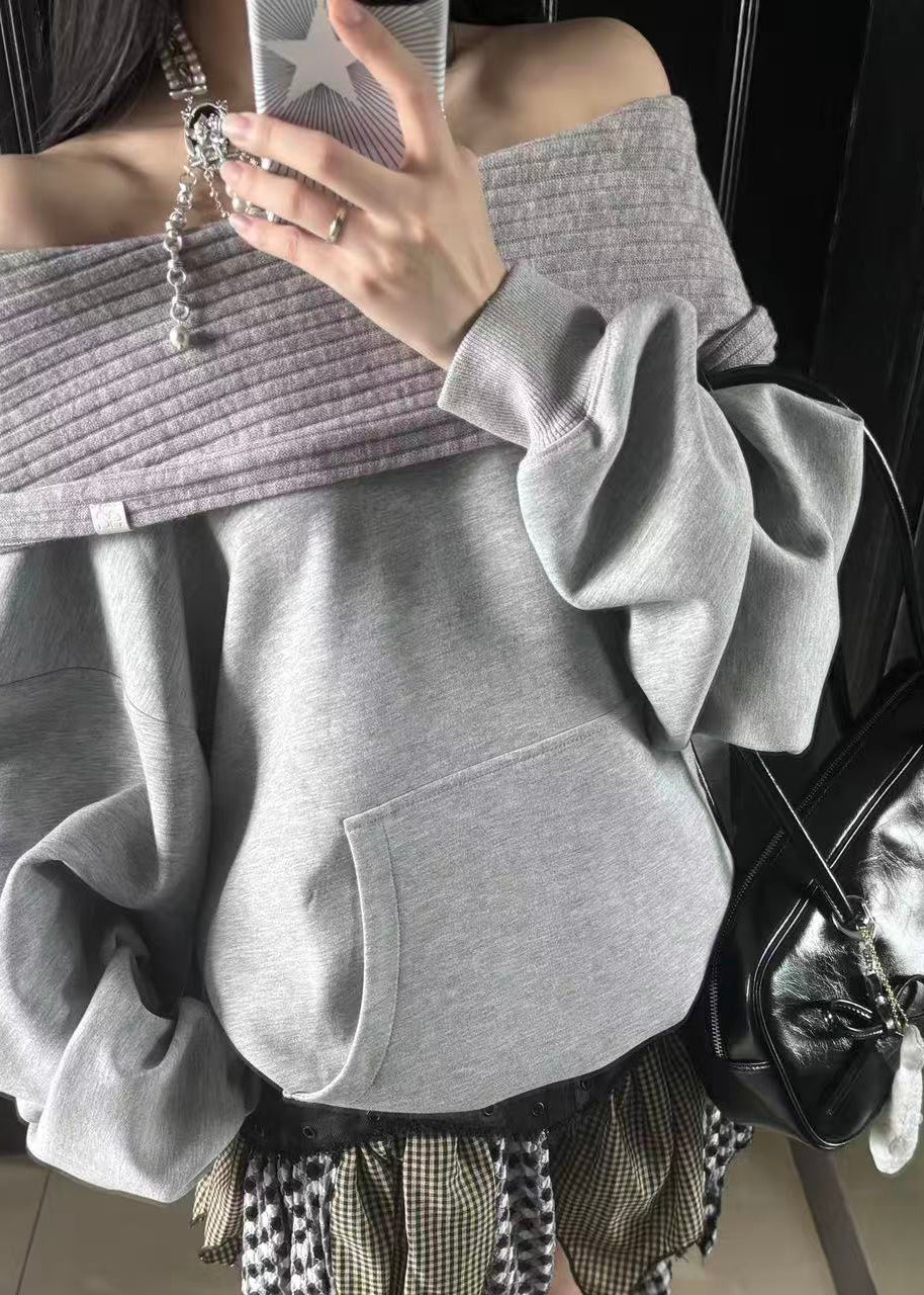 Grey Slash Neck Patchwork Sweatshirt Lantern Sleeve