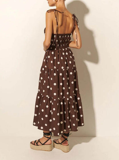 Ivory and Chocolate Polka Dot Print Pleated Elastic Strap Dress