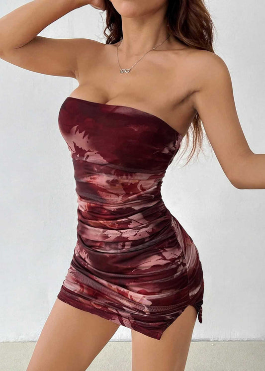 New Print Strapless Slim Fit Tulle Short Dress