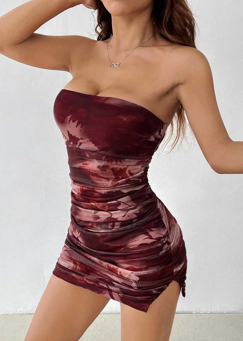New Print Strapless Slim Fit Tulle Short Dress