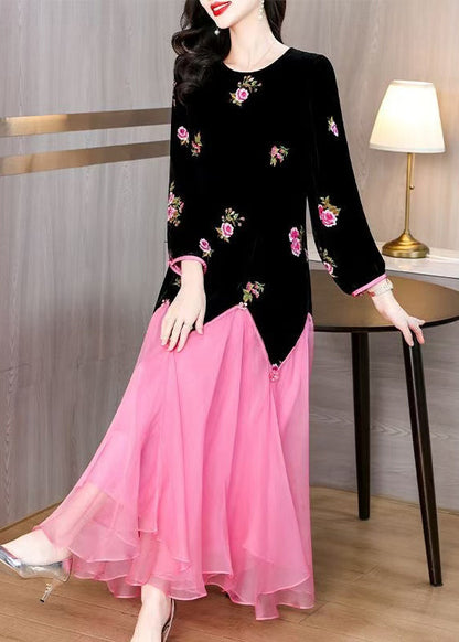 Black Embroidered Patchwork Silk Velvet Long Dress Spring