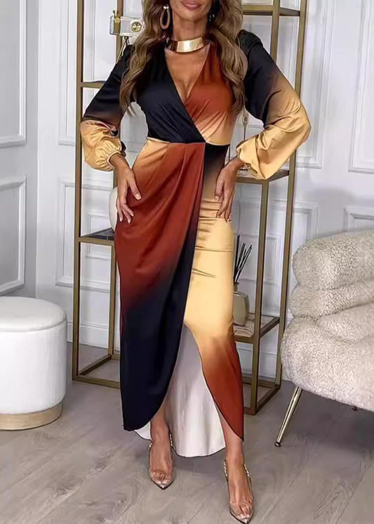 Gradient Color V Neck Patchwork Cotton Dress Long Sleeve