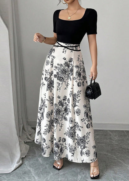 Black O Neck Print Cotton Long Dress Summer