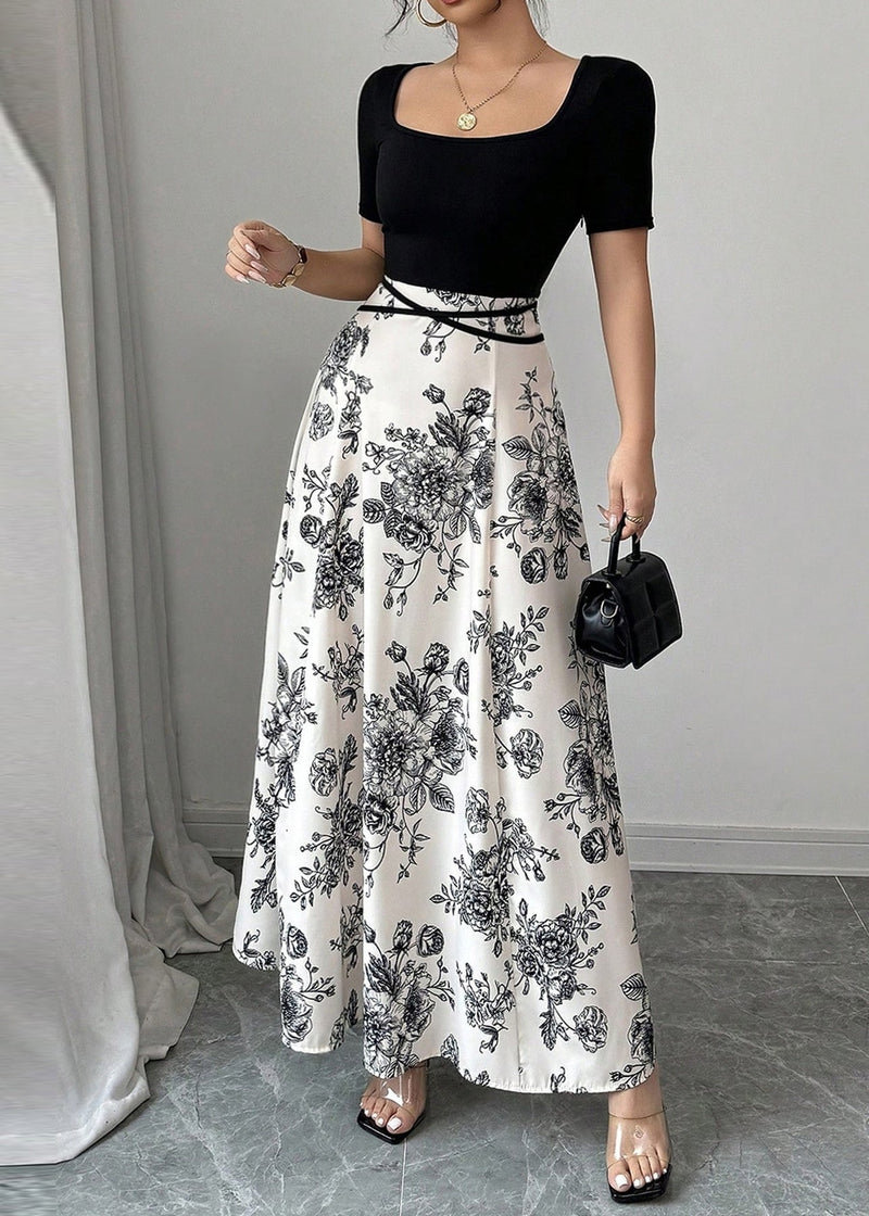 Black O Neck Print Cotton Long Dress Summer