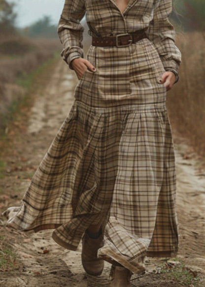 V Neck Plaid Patchwork Cotton Maxi Dress Spring
