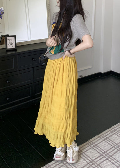 Yellow Elastic Waist Wrinkled Cotton Skirt Summer