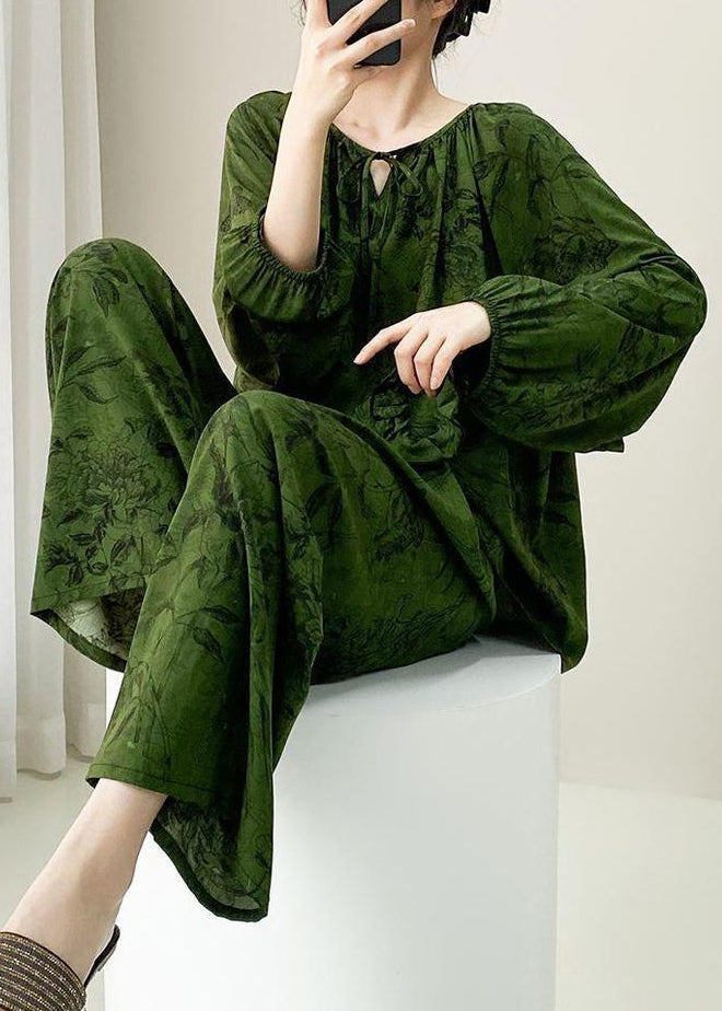 Green Print Lace Up Cotton Pajamas Two Pieces Set Fall
