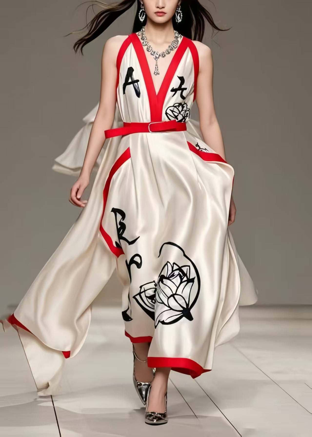 Milk White Asymmetrical Print Silk Holiday Dress Summer