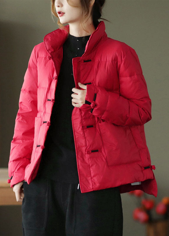 Red Stand Collar Button Pockets Low High Design Winter Down Coat