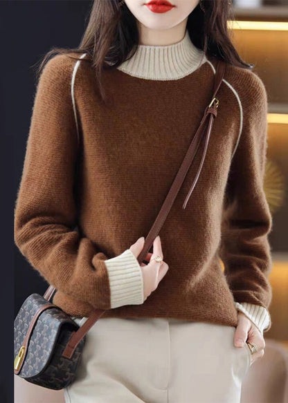 Beige Turtleneck Cozy Patchwork Wool Knit Sweaters Fall
