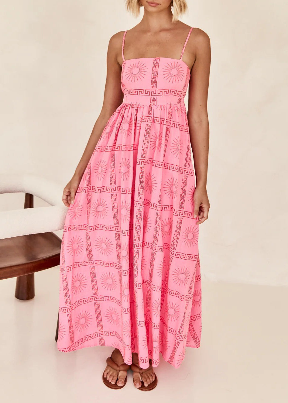 French Pink Print Hollow Out Cotton Spaghetti Strap Dress Summer