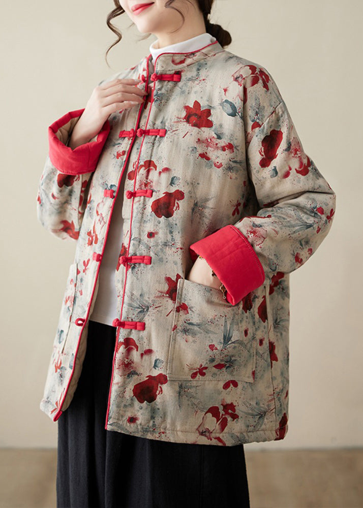 Print Button Pockets Thick Parka Stand Collar Winter