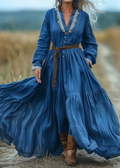 Blue V Neck Wrinkled Patchwork Cotton Long Dresses Spring