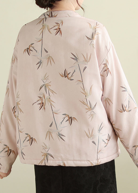 Pink Stand Collar Button Print Thick Coats Winter