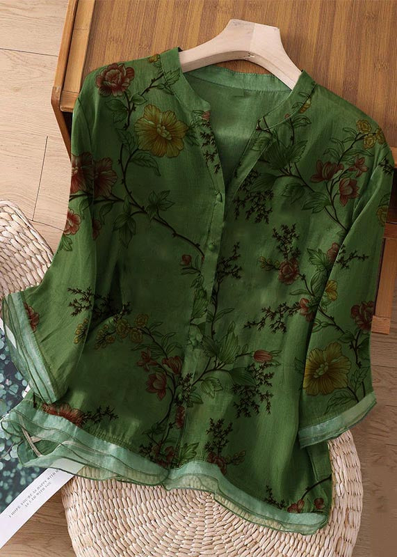 Green Embroideried Button Patchwork Linen Top Bracelet Sleeve