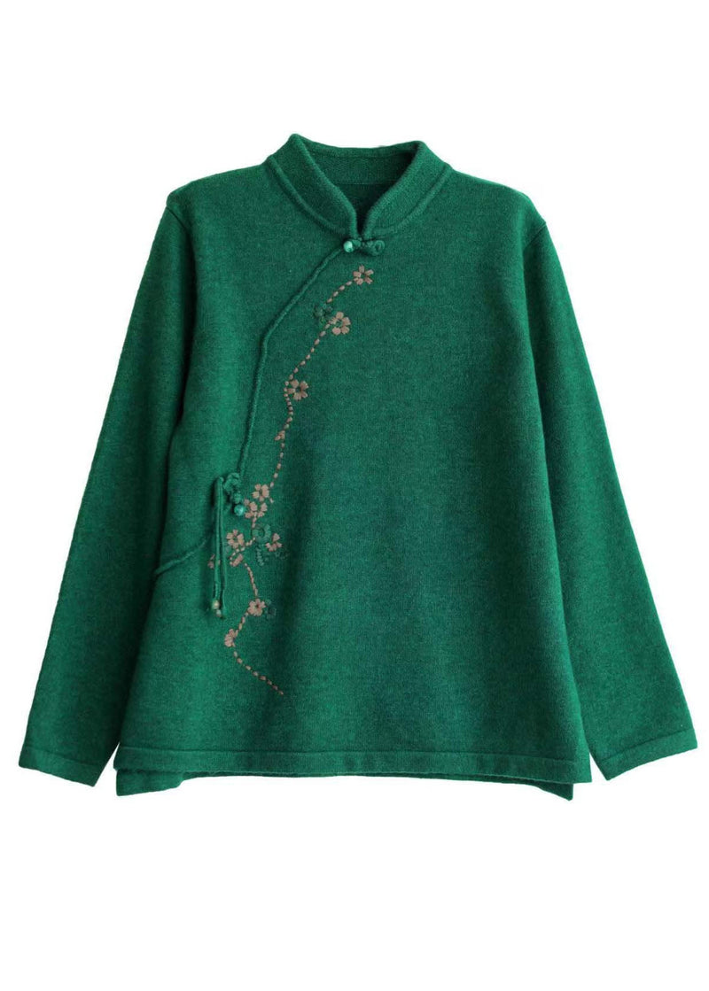 Beige Stand Collar Embroidered Chinese Style Knit Tops Spring