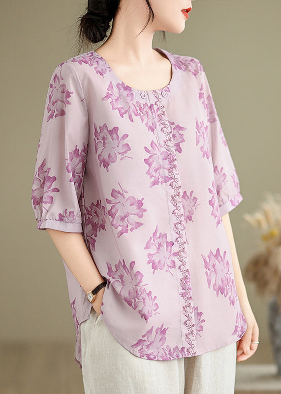 Loose Purple O-neck Print Cotton Shirts Half Sleeve