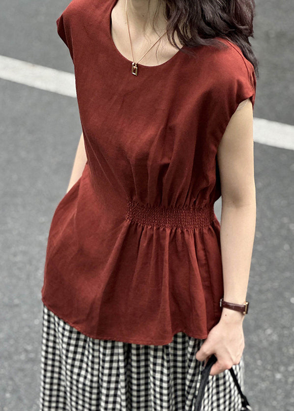 Red O Neck Cotton Tops Summer