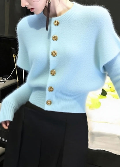 Blue O Neck Button Knit Short Sweater Winter