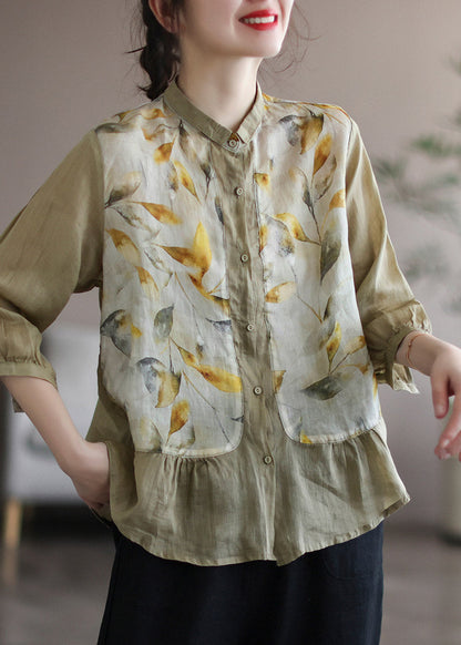 Khaki Peter Pan Collar Print Linen Shirt Long Sleeve