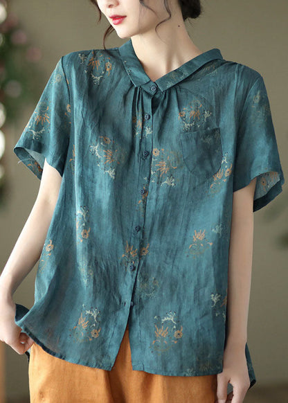 Navy Peter Pan Collar Wrinkled Linen Shirt Top Short Sleeve