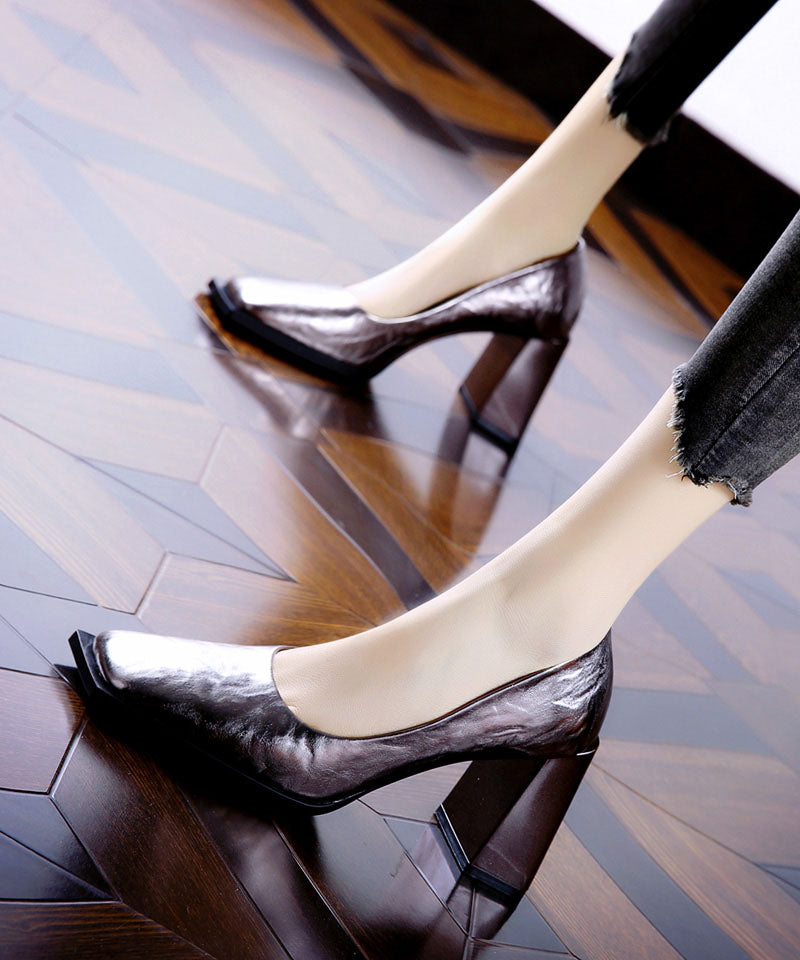 Gun Color Faux Leather Chunky Heels Square Toe