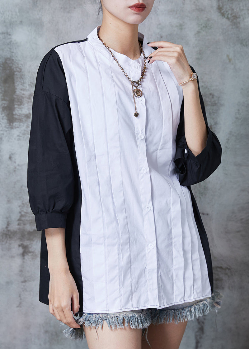 Unique Colorblock Oversized Patchwork Wrinkled Cotton Shirt Bracelet Sleeve