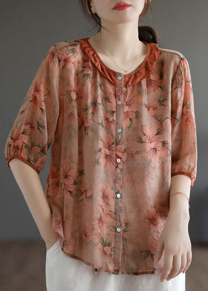 Orange Ruffled Print Patchwork Linen Shirt Top Summer