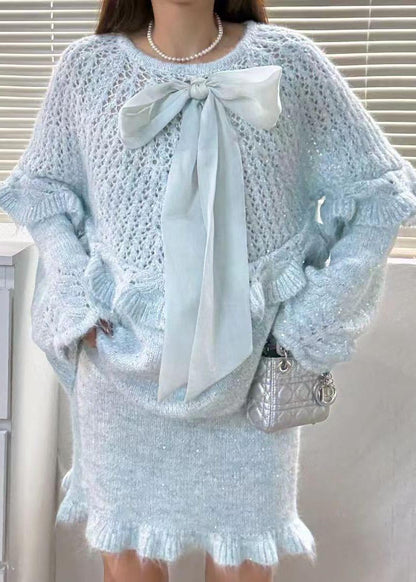Sky Blue Ruffles Hollow Out Knit Two Piece Suit Set Fall