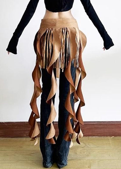 Brown Patchwork Wavy Line Tassel Ribbon Sashes Skirt