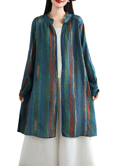 Green Ruffled Striped Button Cotton Shirt Fall