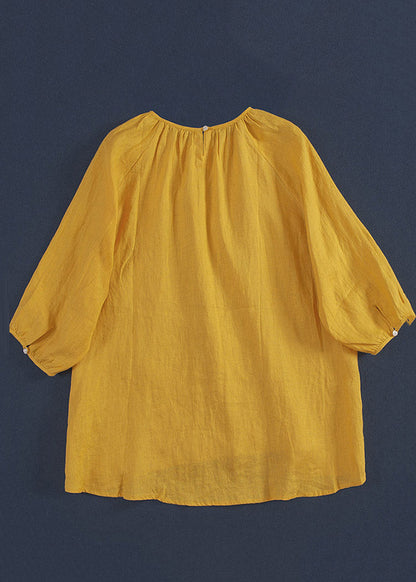 Simple Yellow Embroidered Low High Design T Shirt Three Quarter Sleeve