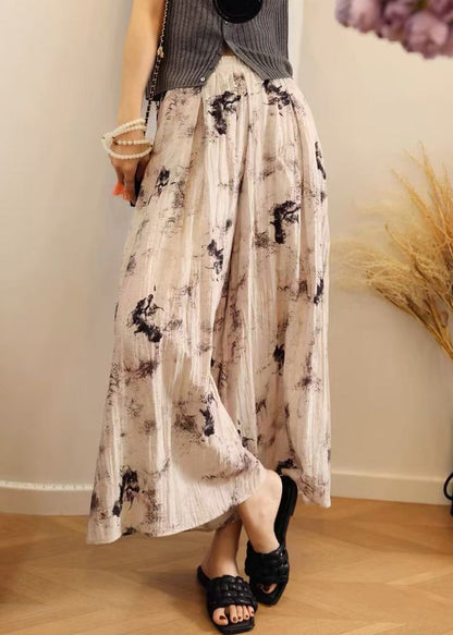 Loose Print Pockets Elastic Waist Cotton Wide Leg Pants Summer