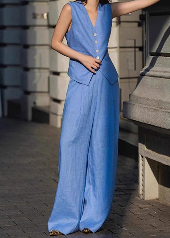 Blue V Neck Button Waistcoat and Straight Pants Two Pieces Set Sleeveless