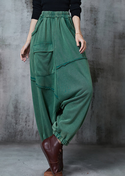 Green Oversized Asymmetrical Cotton Harem Pants Fall