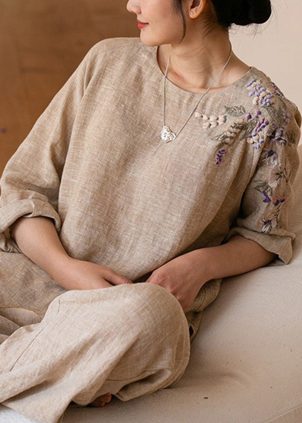 O-neck Embroidered Linen Shirt Top Long Sleeve