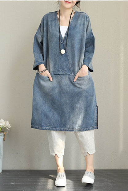 Loose Blue Denim Dresses Cotton Fall Outfits