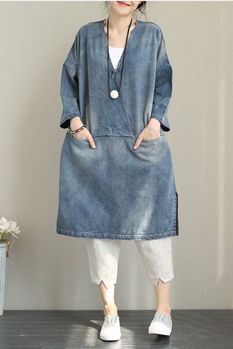Loose Blue Denim Dresses Cotton Fall Outfits