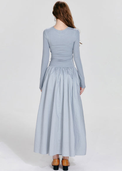 French Blue O-neck Asymmetrical Wrinkled Maxi Dresses Fall