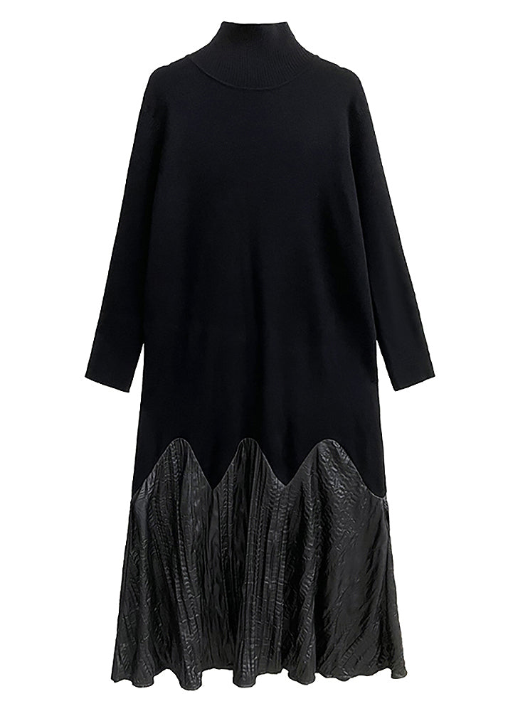 Black High Neck Patchwork Knit Long Dresses Fall